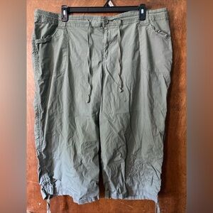 24w Womens Olive Colored Capris With Embroidery On Legs And Button And Tie Waist